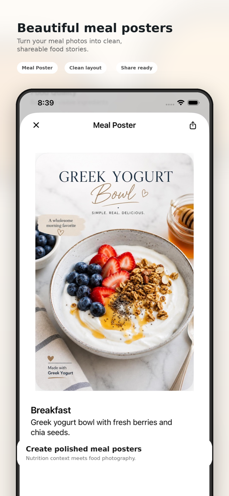 GluNudge iPhone app Meal Poster screen showing a polished Greek yogurt bowl poster.